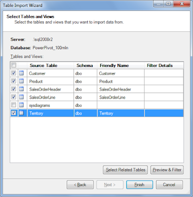 Step 3: Selecting SQL Server Database Tables for importing it into Excel 2010