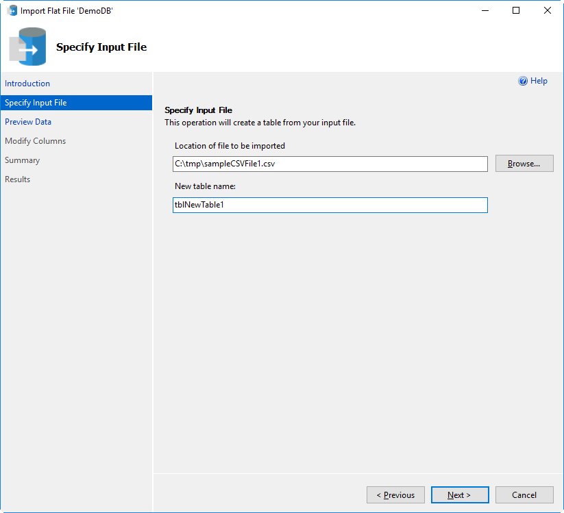 Flat file. Input file specified. Specify. No Import files.