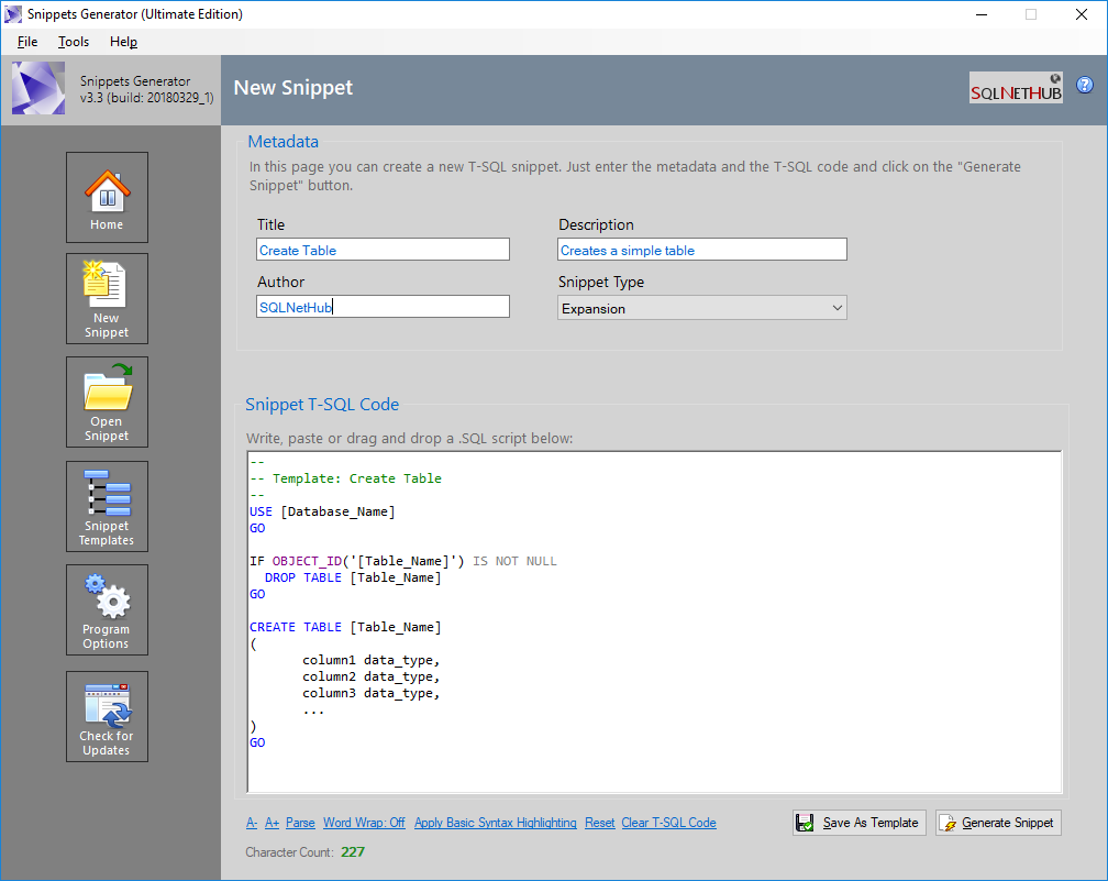 Easily create T-SQL code snippets for SSMS with Snippets Generator by SQLNetHub