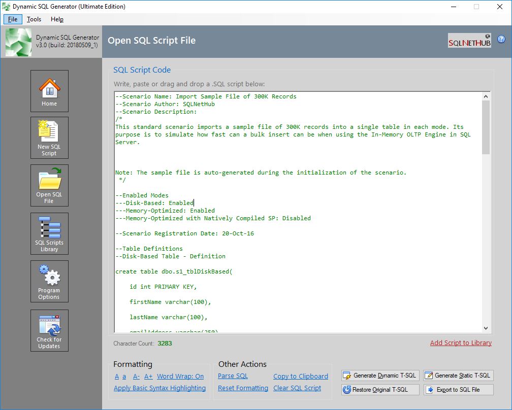 Dynamic SQL Generator: Easily convert static SQL Server T-SQL scripts to dynamic and vice versa.