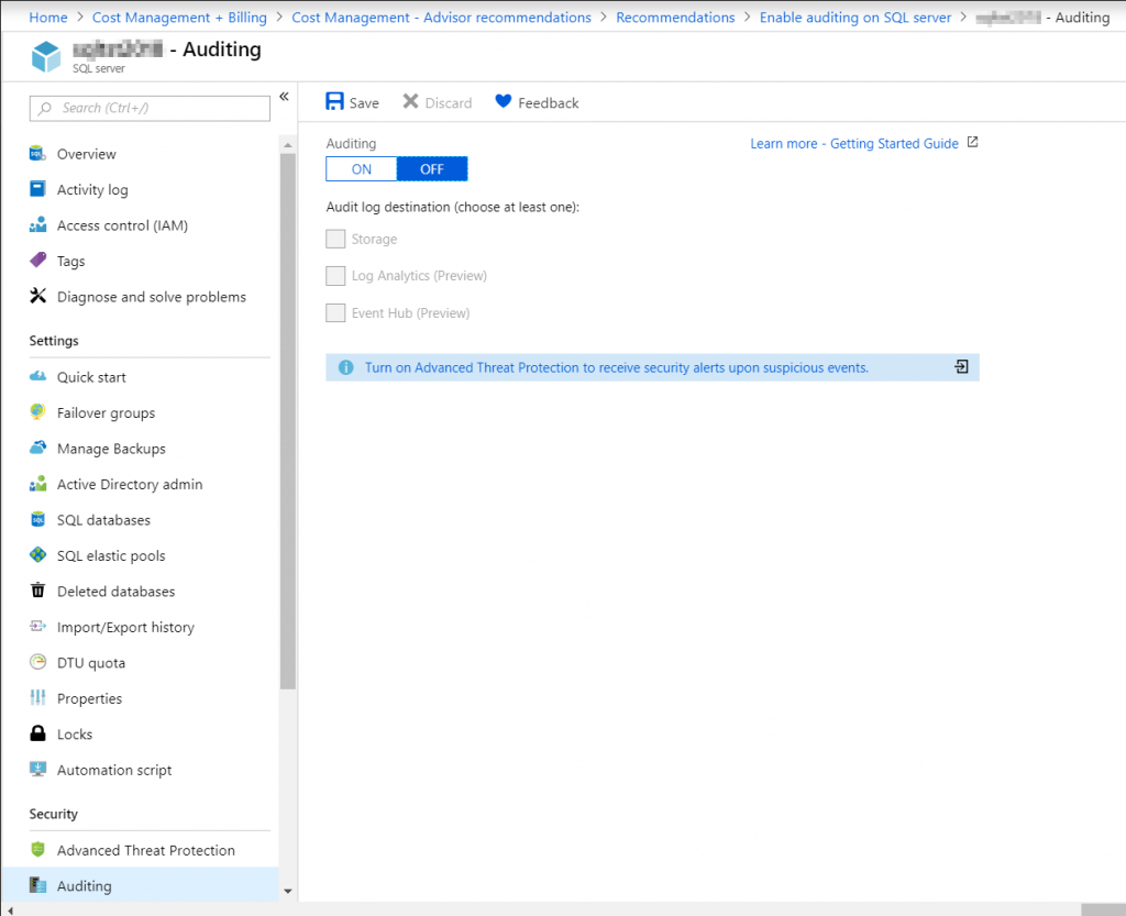 Enabling Auditing in Azure SQL Database - SQLNetHub