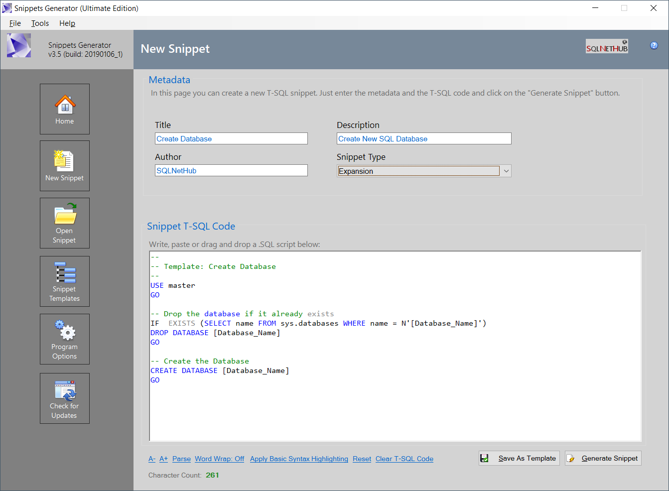 Screenshot: Snippets Generator v3.5 - Creating a New Snippet.