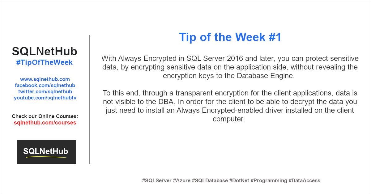 SQLNetHub - Tip of the Week No.1 - SQL Server Always Encrypted