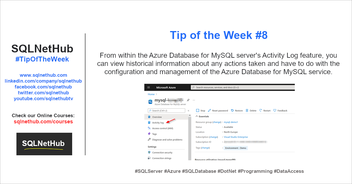SQLNetHub Tip of the Week No.8 - Activity Log in Azure Database for MySQL