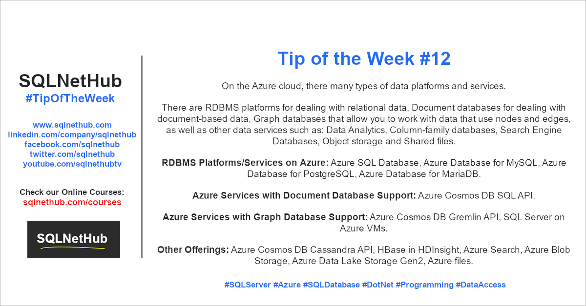 SQLNetHub Tip of the Week 12 - Data service offerings on Azure