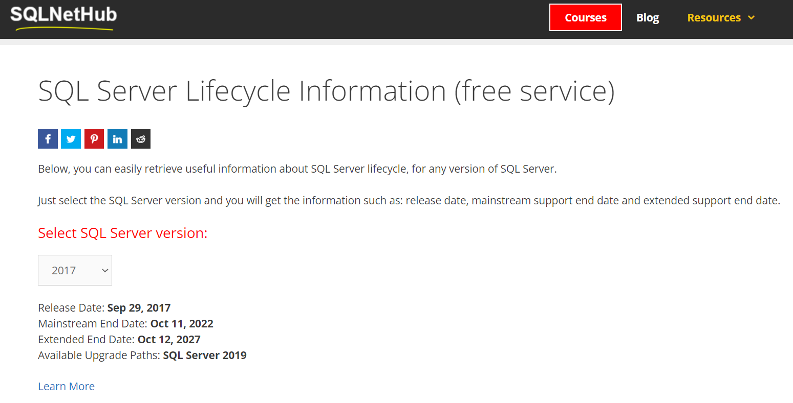 SQL Server Lifecycle Information - free service on SQLNetHub