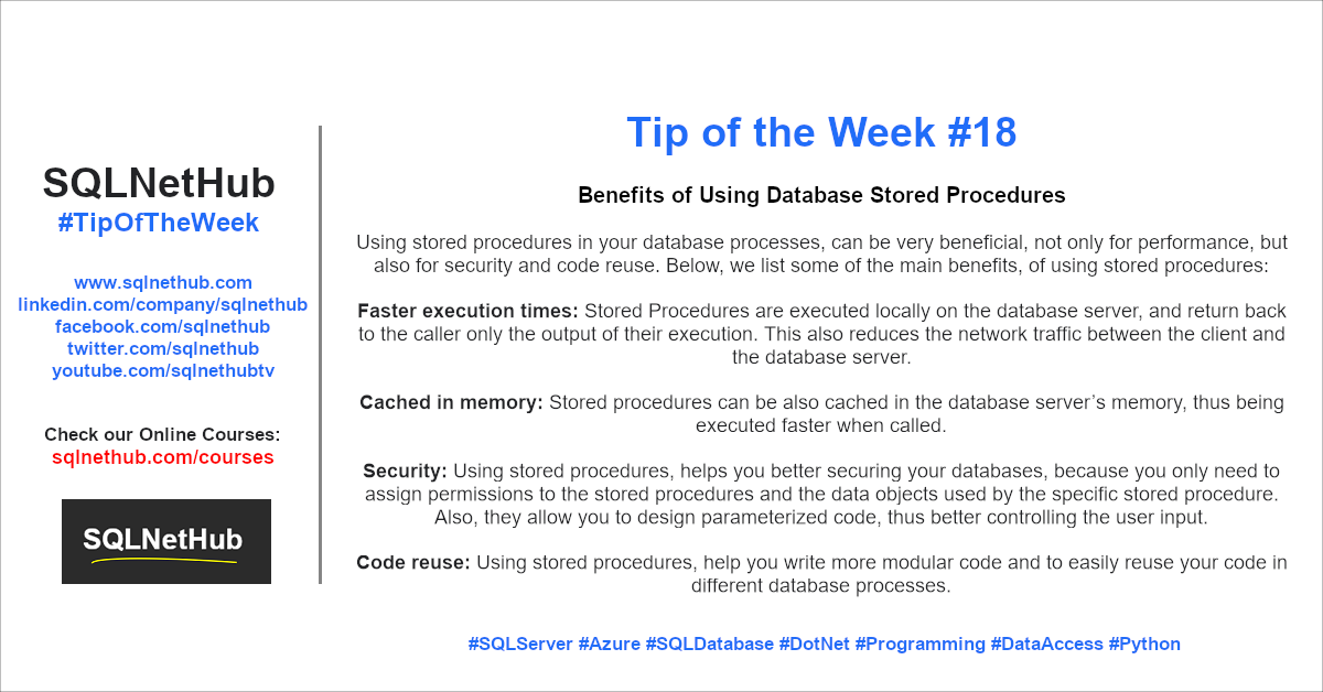 SQLNetHub Tip of the Week 18 - Benefits of Using Database Stored Procedures