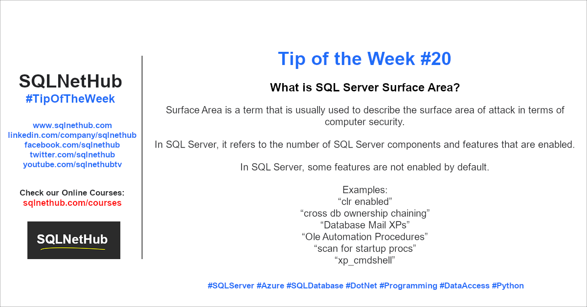 SQLNetHub Tip of the Week 20 - SQL Server Surface Area