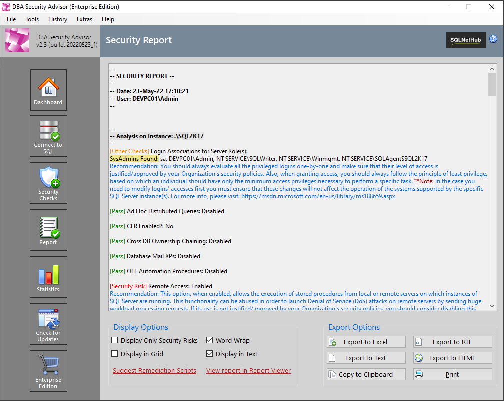 SQL Server Security Tool - DBA Security Advisor - Assessment Report