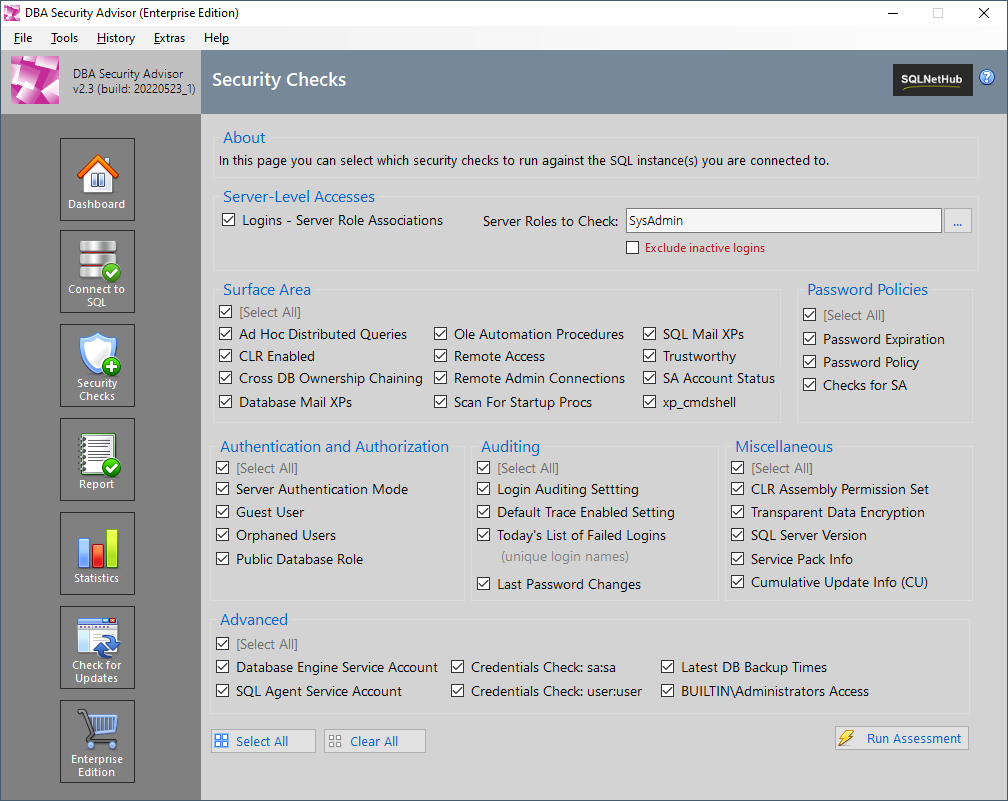 Screenshot: SQLNetHub DBA Security Advisor.